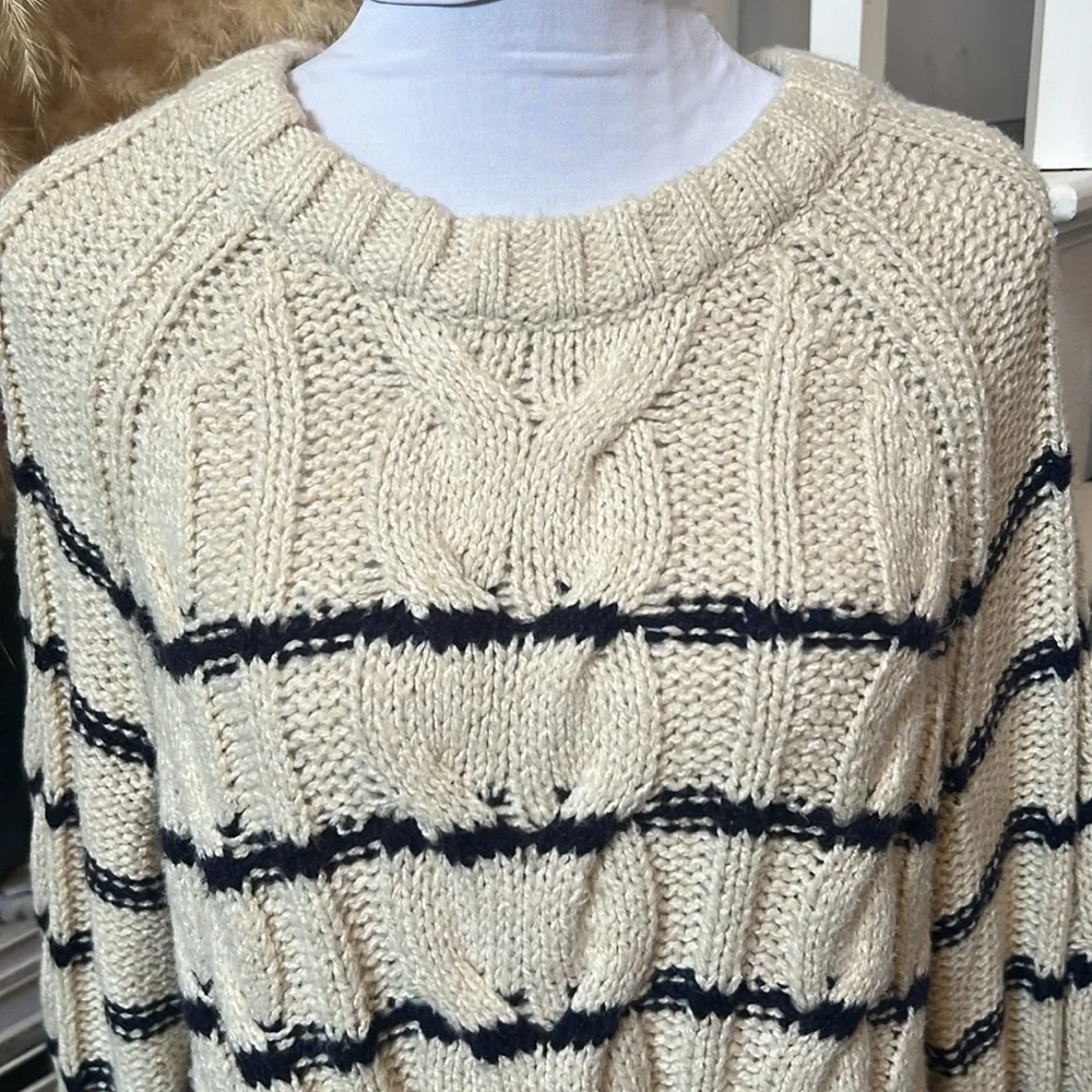 J.Jill Womens Sweater Ivory Blue Stripe Cable Knit Nautical Crew Neck SZ Large - Picture 3 of 8